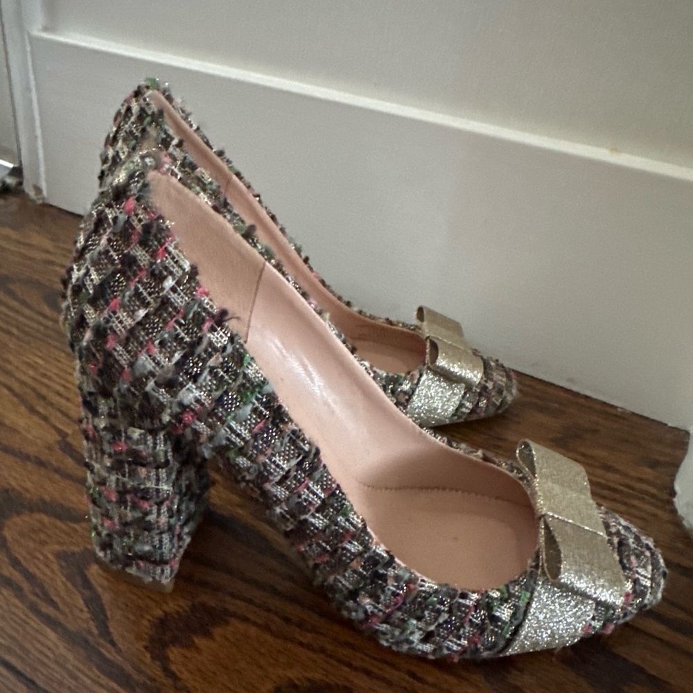 J. Crew Collection Multicolor Tweed Block Heel Pumps with Metallic Gold Bow